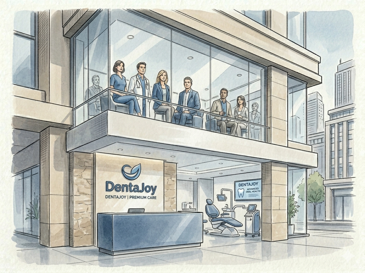 Außenansicht einer modernen Zahnarztpraxis mit prominent platziertem Logo an der Fassade.