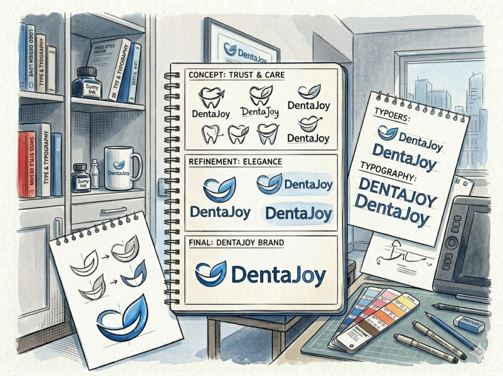 Verschiedene Logo-Entwürfe und Designentwicklung der Marke DentaJoy – kreative Logo-Gestaltung, Markenidentität und Branding-Prozess für eine Zahnarztpraxis.