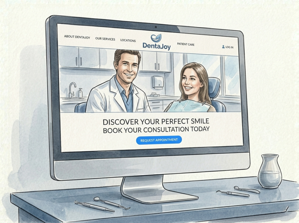 Computerbildschirm zeigt die Landingpage der DentaJoy Website mit Hero-Image, klarer Call-to-Action und strukturierter Navigation – Webdesign, Zahnarztmarketing und Conversion-optimierte Praxiswebsite.