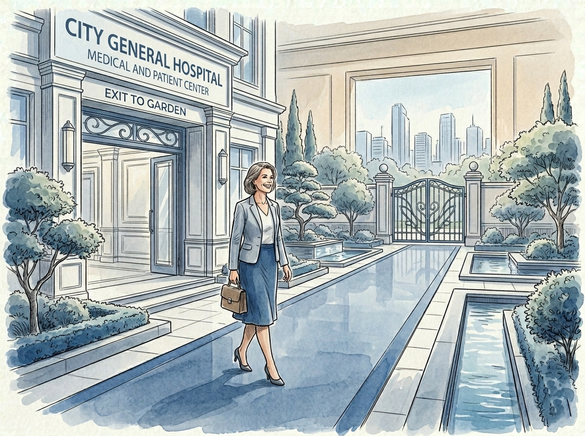 Glücklicher Patient beginnt seine Genesungsreise im Krankenhausgarten – positive Patientenerfahrung, Heilungsprozess und moderne Gesundheitsversorgung im Klinikumfeld.