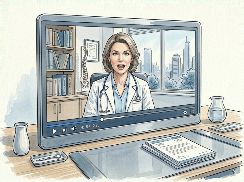 Videoplayer zeigt eine Ärztin im Sprechzimmer, die medizinische Informationen erklärt – digitale Gesundheitskommunikation, Telemedizin und Patientenaufklärung durch Video-Marketing.