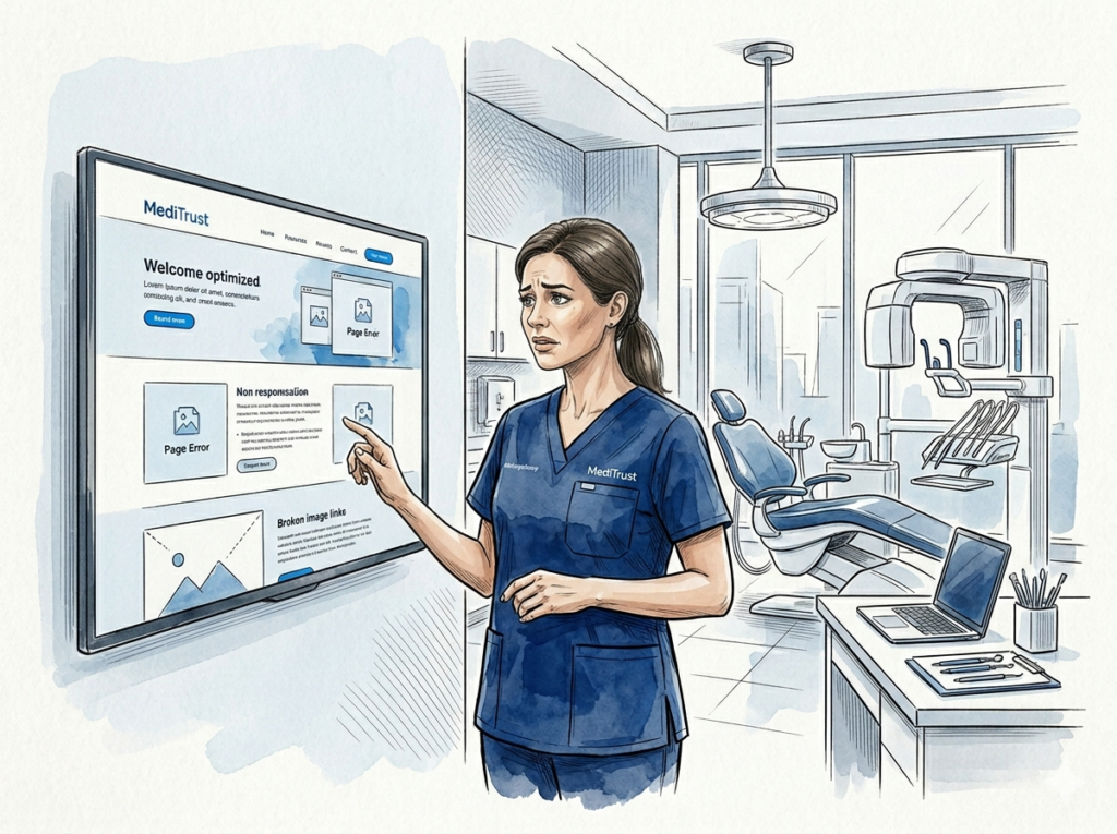 Unübersichtliche und schlecht strukturierte Website der medizinischen Firma MediTrust – mangelnde Benutzerfreundlichkeit, fehlende SEO-Optimierung und schwaches Webdesign im Gesundheitswesen.