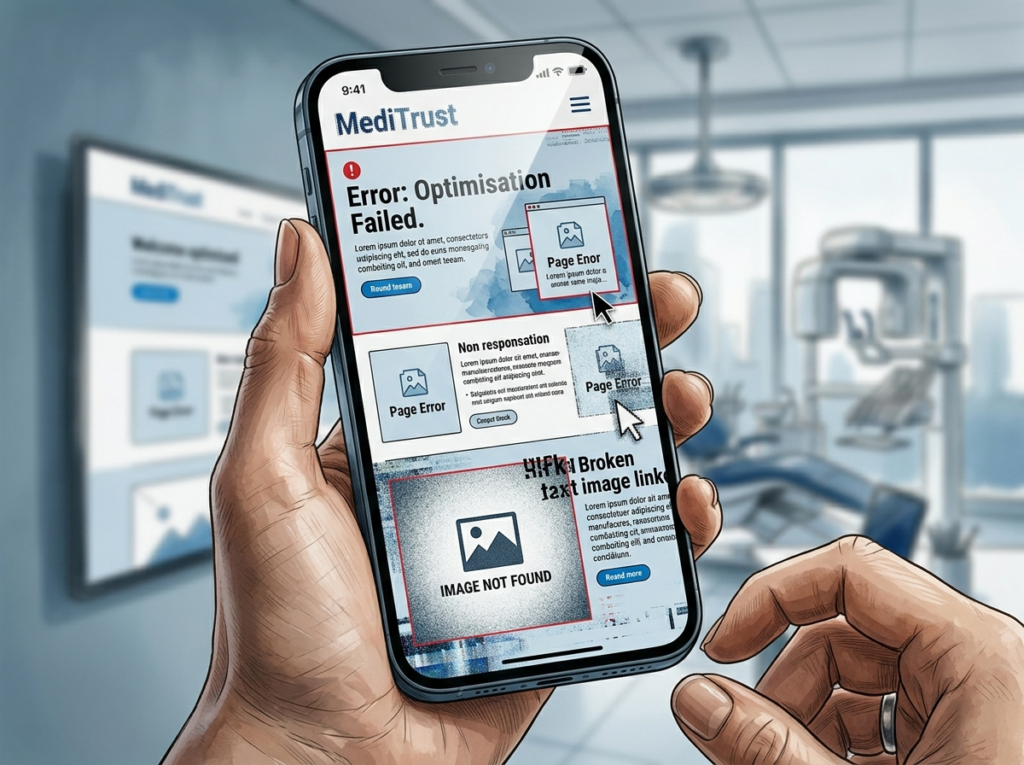 Ärztliche Hand hält ein Smartphone mit fehlerhafter MediTrust Website auf dem Bildschirm – schlechte mobile Optimierung, langsame Ladezeiten und Probleme im medizinischen UX-Design.