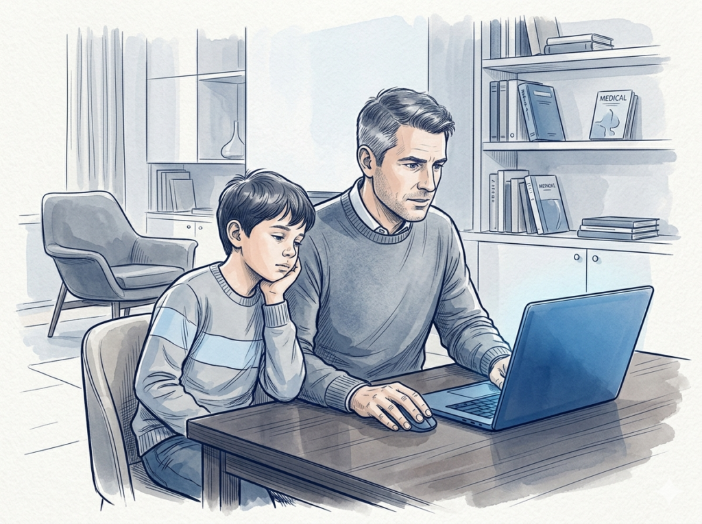 Vater und kranker Sohn versuchen im Wohnzimmer über den Computer einen Arzttermin zu buchen – Online-Terminvereinbarung, digitale Gesundheitsdienste und Herausforderungen bei der Patientenbuchung.