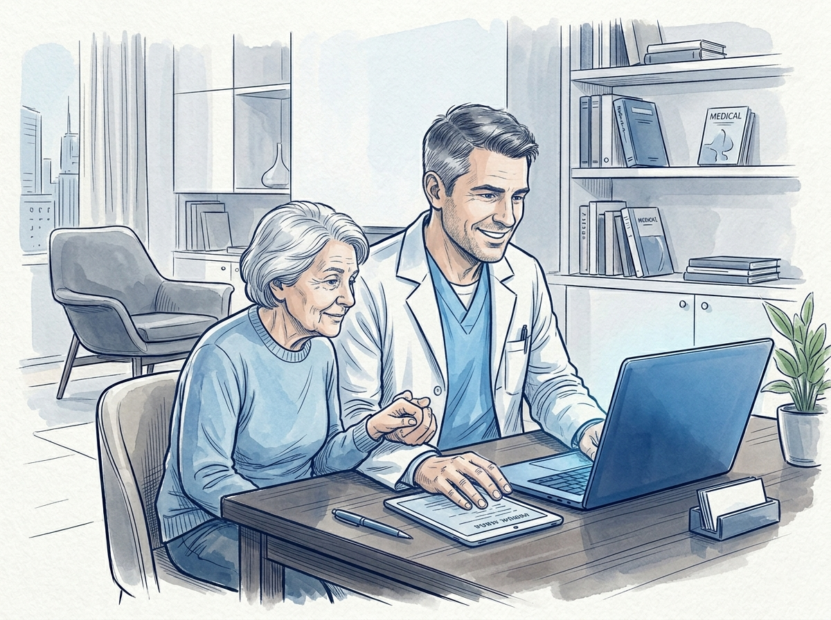 Freundlicher Arzt im Sprechzimmer spricht mit einer älteren Patientin über den Schreibtisch hinweg und hält ihre Hand – vertrauensvolle Arzt-Patienten-Beziehung, persönliche Betreuung und moderne medizinische Versorgung.