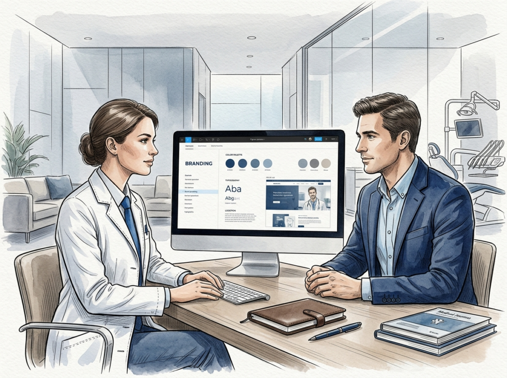 Nachdenkliche Zahnärztin in ihrer Praxis arbeitet am Computer – Praxismanagement, digitale Prozesse in der Zahnmedizin und strategisches Zahnarztmarketing.