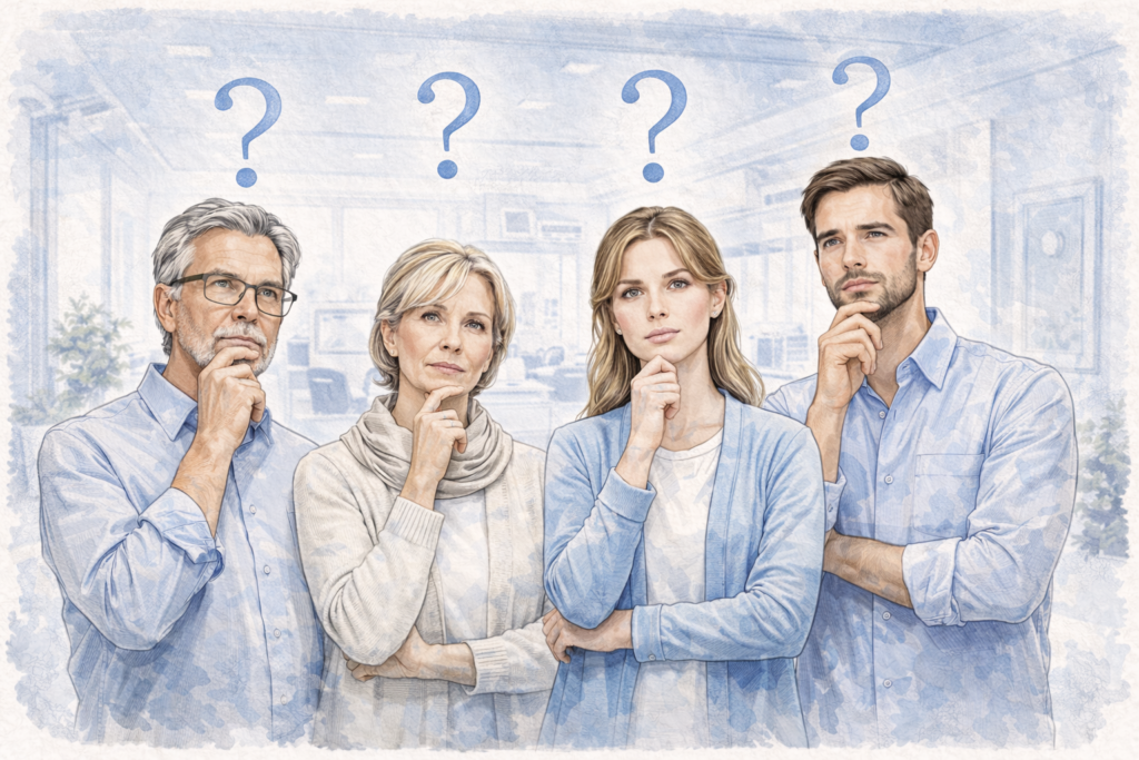 Gruppe erwachsener Menschen unterschiedlichen Alters und Geschlechts im Krankenhaus, nachdenklich wartend – Patientenerfahrung, Gesundheitsversorgung und vielfältige medizinische Betreuung.