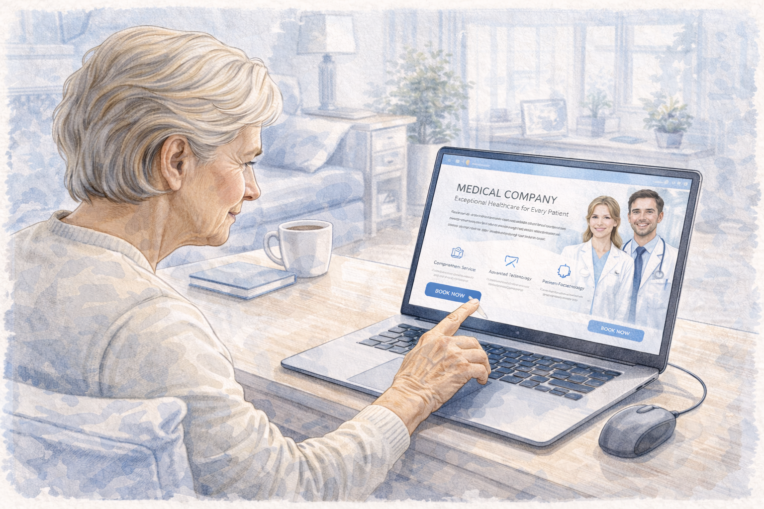 Ältere Frau nutzt Laptop und Maus, um auf der Landingpage einer medizinischen Website auf ‚Jetzt buchen‘ zu klicken – benutzerfreundliche Online-Terminbuchung, Barrierefreiheit und digitales Praxismarketing.