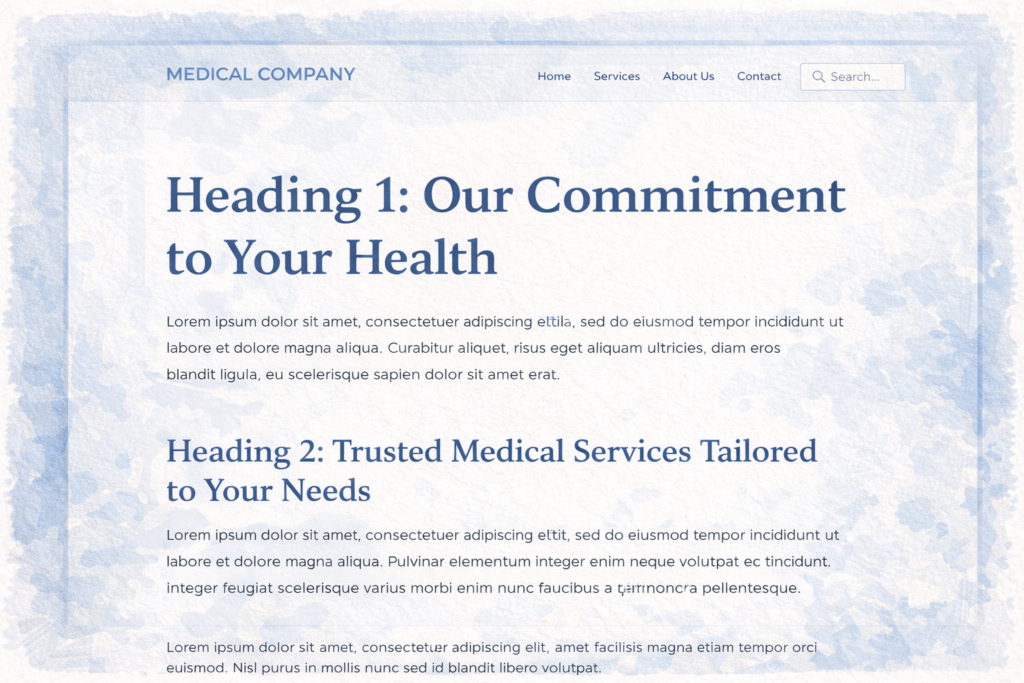 Webseite eines medizinischen Unternehmens mit klar strukturierter Texthierarchie, H1- und H2-Überschriften sowie optimaler Schriftgröße – SEO-freundliches Content-Design und bessere Lesbarkeit im Gesundheitsmarketing.