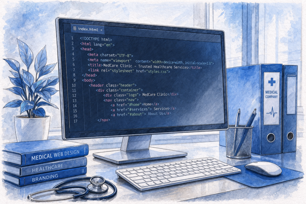 Computerbildschirm zeigt HTML-Code einer Website für ein medizinisches Unternehmen – technische SEO, saubere Webseitenstruktur und professionelles Webdevelopment im Gesundheitswesen.